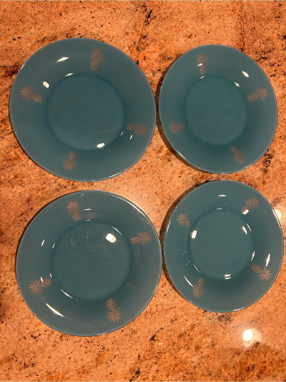 Turquoise Glass w/Gold Pineapple Impression border. 8” Appetizer Salad Plates-8
